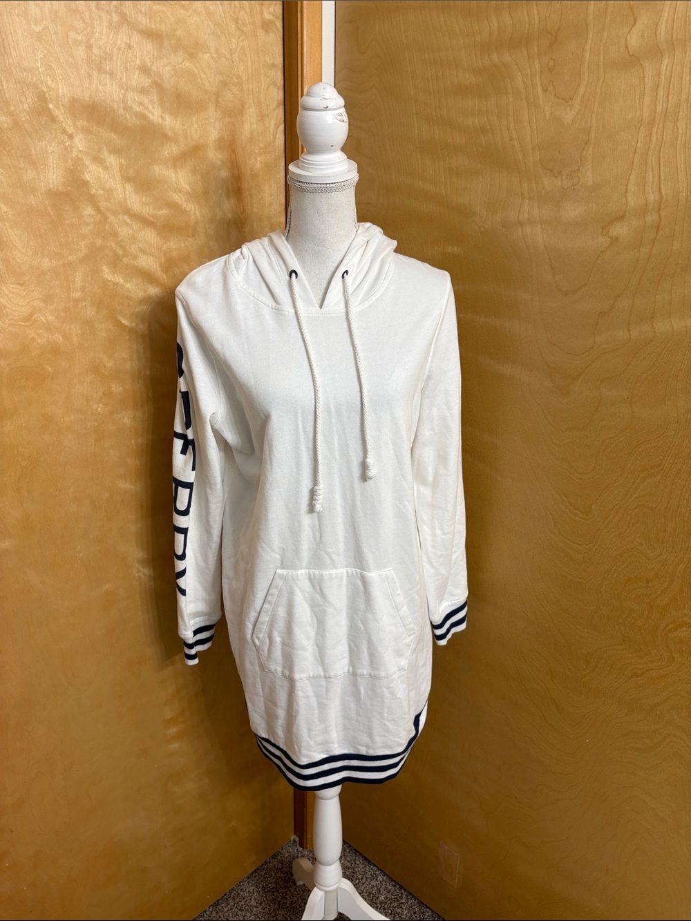 NWT Sperry Long Sleeve Hooded Sweatshirt Boat Dress Size L White And Navy Blue